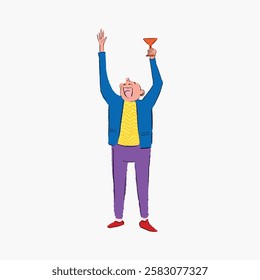 Illustration of a person celebrating with a drink, wearing a blue jacket and purple pants, raising a glass in joy, cartoon style, cheerful pose. Funky vector illustration.