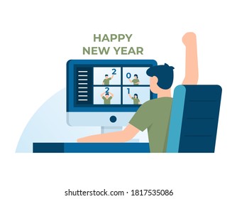 illustration of person celebrating new year 2021 through virtual gatherings. concept of video call, online meeting, long distance party. Happy new year pos, people holding numbers. flat style.