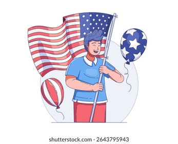 An illustration of person celebrating U.S. Independence Day by enthusiastically waving a large American flag. The scene captures the festive atmosphere of July 4th, highlighting national pride