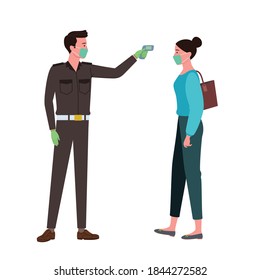 ilustración de una persona comprobando la temperatura corporal de otra persona utilizando un arma termómetro y usando una máscara.