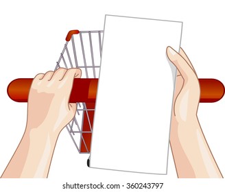 Illustration of a Person Checking His Shopping List While Pushing Their Cart