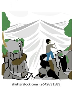 Ilustração de uma pessoa escalando um penhasco muito alto e íngreme com uma montanha no fundo.
