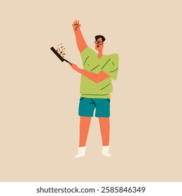 Illustration of a person cooking, tossing vegetables in a pan. Casual cooking scene with a person in green shirt and shorts. Cooking enthusiast in action. Doodle illustration vector.