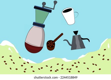 illustration of a person with a cup of coffee in beach