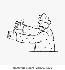 Illustration of a person with curly hair, wearing a polka dot shirt, gesturing with open arms. Sketch style with playful, expressive lines. Line art illustration vector.