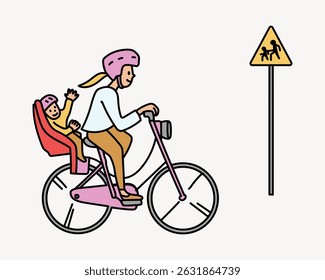 Illustration of a person cycling with a child in a bike seat, wearing helmets. A road sign with a bicycle symbol is nearby. Safe cycling and child safety depicted. Character illustration vector.