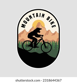 illustration of a person cycling down a hill with a mountain in the background