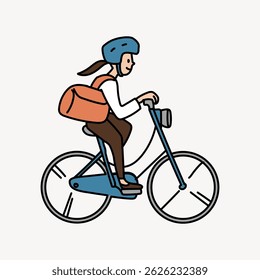 Ilustração de uma pessoa de bicicleta com um capacete e mochila. O ciclista está andando de bicicleta, enfatizando a segurança com um capacete e carregando uma mochila. Pessoa, vetor de ilustração de caractere.