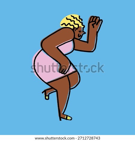 Illustration of a person dancing energetically. The figure wears a pink dress and has short, curly hair. Vibrant colors and dynamic pose on a blue background. New year illustration vector.