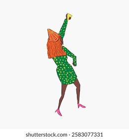 Illustration of a person dancing, wearing a green polka dot dress and party hat, holding a drink. The figure has red hair and pink shoes, celebrating joyfully. Aesthetic woman illustration vector.