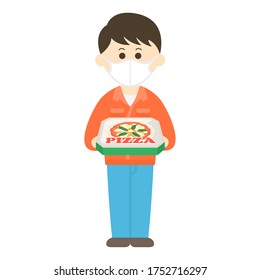 Illustration of a person delivering a masked delivery pizza.