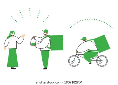 Illustration of a person delivering a package by bicycle and a person receiving the package. Vector illustration on white background.