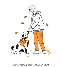 Illustration of a person and dog in minimalist line art style. Black and white with orange accents. Represents companionship in a whimsical, autumn setting.