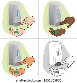 Illustration of a person doing hand hygiene with cleaning product, ethnic. Ideal for catalogs of product and hygiene information