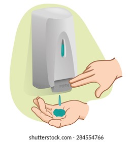 Illustration of a person doing hand hygiene with cleaning product. Ideal for catalogs of pridutos and hygiene information