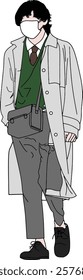 Illustration of a person dressed in a long coat, sweater, and formal pants, carrying a bag and wearing a mask, embodying modern fashion trends with an emphasis on protection and style
