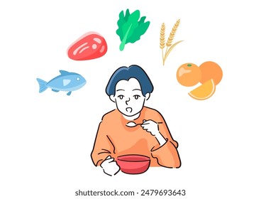 Illustration of a person eating a meal with nutritional balance in mind Image of food ingredients Clip art of eating rice