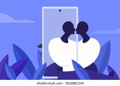 Illustration of a person embraces his own reflected image in the mobile phone he holds. Concept for social media addiction