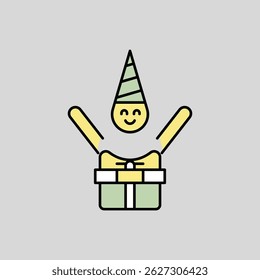 ilustração de uma pessoa saindo de uma caixa de presente com braços levantados, usando um chapéu de festa e sorrindo.