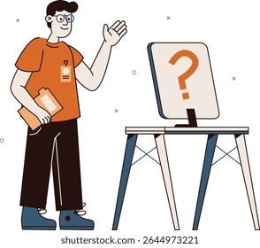 Illustration of a person engaging with a computer screen displaying a question mark, suitable for tech or education content.