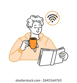 Illustration of person enjoying a book while sipping coffee. Relaxed expression on face. WiFi symbol with line represents digital detox. Simple line art.