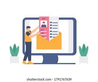 illustration of a person entering or sending a cv into an email letter on a computer. Concept of job application, applying, curriculum vitae, job vacancies. flat design. can be used for elements