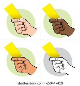 Illustration of person ethnicity, hand holding a yellow card. Ideal for sports catalogs, informative and institutional guides