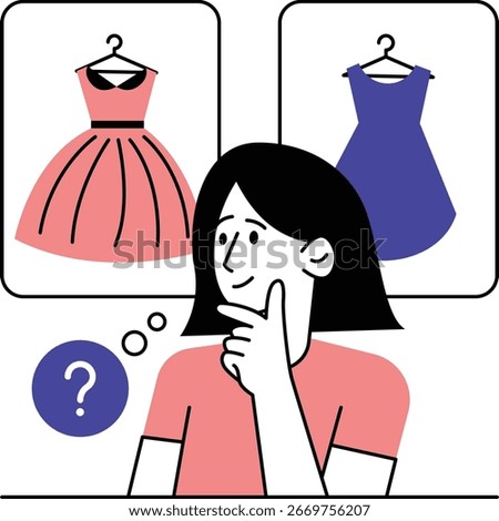 Illustration of a person evaluating two dresses, suitable for fashion, ecommerce, and marketing content.