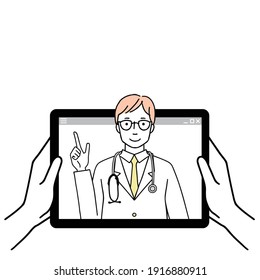 Illustration of a person examining a patient remotely, medical