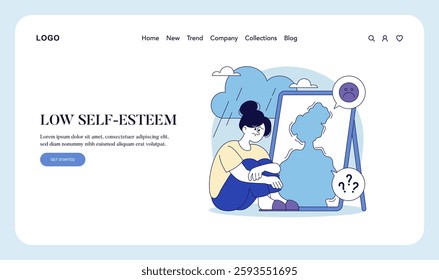 Illustration of a person experiencing low self-esteem, reflecting on their image in a mirror. The scene conveys a sense of emotional struggle and self-doubt. It highlights the internal conflict of