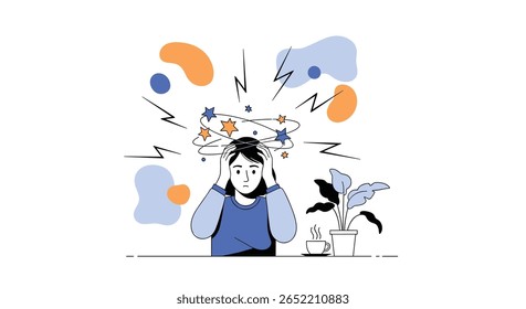 Illustration of a Person Experiencing Mental Stress and Overwhelm with Dizzy Stars and Lightning Bolts Around Their Head as Abstract Shapes Float in the Background
