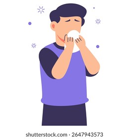 Ilustração de uma pessoa com espirros e desconforto facial devido a alergias, usando cores suaves para expressar sintomas leves de saúde e sensibilidade sazonal.