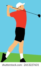 Illustration of a person, faceless, flat art, vector, sports, playing golf, simple design, man wearing red shirt and black pants, set against background of grass or field