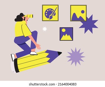 
illustration of a person flying in pencil. Creative or educational process banner, ad, landing page or poster for web design studio, startup or courses.