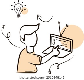 Ilustración de una persona frente a una computadora estudiando dibujado a mano, Vector de educación en línea