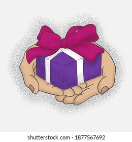 Illustration of person giving receiving gift package. This conceptual graphic represents gifting times like christmas xmas , birthday, anniversaries and other such occasions