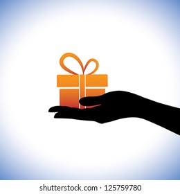 Illustration of person giving/receiving gift package. This conceptual graphic represents gifting times like christmas(xmas), birthday, anniversaries and other such occasions