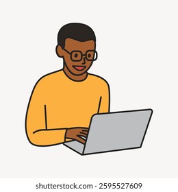 Illustration of a person with glasses using a laptop. The person is wearing a yellow shirt. The laptop user is focused and engaged in work or study. Doodle illustration vector.