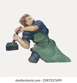 Illustration of a person with a hammer, wearing a green apron, in a dynamic pose. The person appears to be engaged in a task, suggesting action and focus. Vintage art illustration, vector.