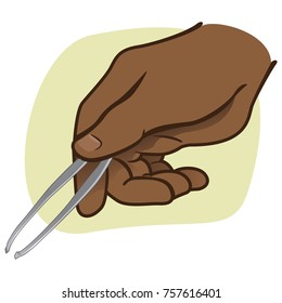 Illustration of person hand holding tweezers. Afro-descendant. Ideal for catalogs, informational and institutional guides