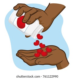 Illustration of person, hands picking up hearts in a jar, doses of love and affection, afro descent. Ideal for motivational and emotional materials