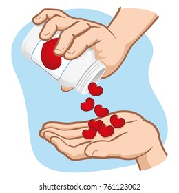 Illustration of person, hands picking up hearts in a jar, doses of love and affection, caucasian. Ideal for motivational and emotional materials