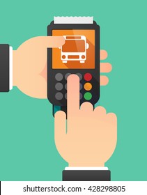 Illustration of a person hands using a dataphone with  a bus icon