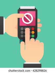 Illustration of a person hands using a dataphone with  a forbidden sign