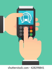 Illustration of a person hands using a dataphone with  a subway train icon
