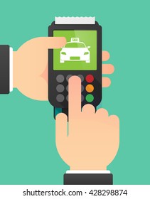 Illustration of a person hands using a dataphone with  a taxi icon