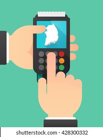 Illustration of a person hands using a dataphone with  the map of South Korea
