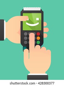 Illustration of a person hands using a dataphone with  a wink text face emoticon