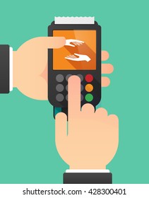 Illustration of a person hands using a dataphone with  two hands giving and receiving  or protecting