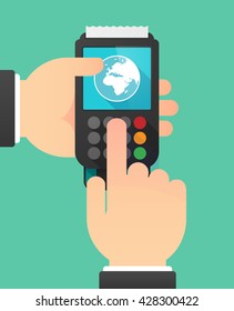 Illustration of a person hands using a dataphone with   an Asia, Africa and Europe regions world globe